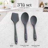 3’lü Silikon Servis Gereçleri Seti 29 cm Servis Spatulası 29 cm Geniş Kaşık 24 cm Karıştırma Kaşığı Yapışmaz Yüzey Uyumlu Sariva Home - Koyu Gri