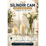 3'Lü Silindir Cam Vazo Mumluk Seti 14-18-22 Cm Şeffaf Dekoratif Masa Salon Vazo Takımı