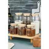 3lü Standlı Ahşap Kapaklı Cam 1300ML Tea/şugar/salt ve 3lü 500ML Kahve Kavanozu (Transfer Etiket) - Şeffaf - Açık Kahverengi