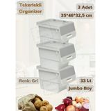 3’Lü Tekerlekli Patateslik Soğanlık Oyuncak Kutusu Patates Soğan Sepeti Motek Gri 33 Lt