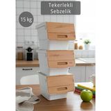 3’Lü Tekerlekli Sebzelik Patates Soğan Sepeti Soğanlık Organizer Kutu Bambu Beyaz Desen 36 Lt