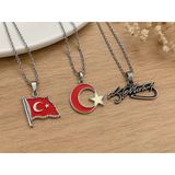 3’Lü Türk Bayrağı Ay Yıldız Ve Atatürk İmzalı Gümüş Renk Kolye Seti Hediye