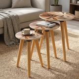 3’lü Zigon Sehpa Seti Ahşap Ayaklı Modern Desenli Yuvarlak, Şık Dekoratif Salon Sehpası Kahverengi Çiçek Desenli