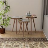 3Lü Zigon Sehpa Takımı Masif Ağaç Ceviz Belgrad Çini Seramik 32x32 Cm