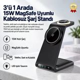 3'Ü 1 Arada 15W Magsafe Uyumlu Kablosuz Şarj Standı – Telefon, Akıllı Saat Ve Kulaklık Şarj İstasyonu