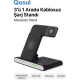 3’ü 1 Arada Katlanabilir Kablosuz Şarj Cihazı - Telefon, Kulaklık, Akıllı Saat Uyumlu - Siyah