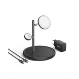 3'ü 1 Arada Şarj Istasyonu, Qi2 Sertifikalı 15W Magsafe Uyumlu Kablosuz Şarj Standı, Apple Watch, iPhone 15/14 Için, Airpods, Apple Watch 9 (40W Usb-C Şarj Cihazı Dahil), Siyah