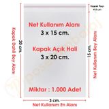 3x15+5 cm.(3x20) 1.000 Adet Şeffaf Bantlı Yapışkanlı OPP Poşet