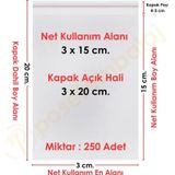 3X15+5 Cm.(3X20) 250 Adet Şeffaf Bantlı Yapışkanlı Opp Poşet