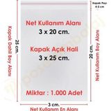 3x20+5 cm.(3x25) 1.000 Adet Şeffaf Bantlı Yapışkanlı OPP Poşet