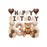 3Yaş Retro Ayıcık Kahverengi Folyolu Balon Happy Birthday Afiş Dekorasyon Doğum Günü Parti Seti Süsü, 4545454111222