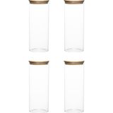 4-4 Bambu Vakumlu Kapaklı Yuvarlak Cam 4lü Kavanoz Seti Saklama Kabı 2100ML 10X30CM - Çok Renkli