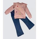 4-5-6 Yaş Kot Pantolonlu Flamingo Desenli Penye Sweat Uzun Kollu 2li Kız Çocuk Takımı - 5 Yaş - Gül Kurusu