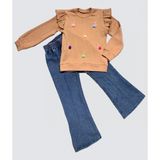 4-5-6 Yaş Kot Pantolonlu Flamingo Desenli Penye Sweat Uzun Kollu 2li Kız Çocuk Takımı - 5 Yaş - Kahverengi