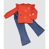 4-5-6 Yaş Kot Pantolonlu Flamingo Desenli Penye Sweat Uzun Kollu 2li Kız Çocuk Takımı - 5 Yaş - Kırmızı