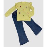 4-5-6 Yaş Kot Pantolonlu Flamingo Desenli Penye Sweat Uzun Kollu 2li Kız Çocuk Takımı - 5 Yaş - Sarı