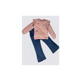 4-5-6 Yaş Kot Pantolonlu Flamingo Desenli Penye Sweat Uzun Kollu 2li Kız Çocuk Takımı - Gül Kurusu - 4 Yaş