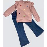 4-5-6 Yaş Kot Pantolonlu Flamingo Desenli Penye Sweat Uzun Kollu 2li Kız Çocuk Takımı Gül Kurusu