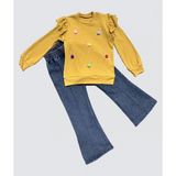 4-5-6 Yaş Kot Pantolonlu Flamingo Desenli Penye Sweat Uzun Kollu 2li Kız Çocuk Takımı - Hardal - 4 Yaş