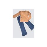 4-5-6 Yaş Kot Pantolonlu Flamingo Desenli Penye Sweat Uzun Kollu 2li Kız Çocuk Takımı - Kahverengi - 4 Yaş