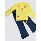 4-5-6 Yaş Kot Pantolonlu Kiraz Desenli Penye Sweat Uzun Kollu 2li Kız Çocuk Takımı - 5 Yaş - Sarı