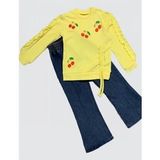 4-5-6 Yaş Kot Pantolonlu Kiraz Desenli Penye Sweat Uzun Kollu 2li Kız Çocuk Takımı Sarı