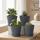 4 Adet 1 Litre Mono Saksı Tabaklı Drenaj Delikli Plastik Çiçek Saksısı - 1L Set - Antrasit