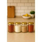 4 Adet 105 ml Baharatlık Mama Şekerleme Çok Amaçlı Metal Kapaklı 105 Cc Kısa Cam Kavanoz (Gold)