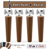 4 Adet Ahşap Ayak 15 Cm Ceviz M8 Civatalı Bağlantı Aparatlı Dolap Mobilya Koltuk Kanepe Destek Ayağı Ayakları