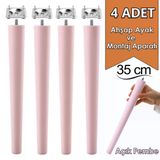 4 Adet Ahşap Ayak 35 Cm Açık Pembe M8 Civatalı Bağlantı Aparatlı Mobilya Tabure Sehpa Masa Destek Ayağı