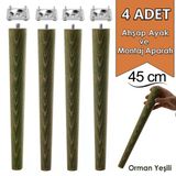 4 Adet Ahşap Ayak 45 Cm Orman Yeşili M8 Civatalı Bağlantı Aparatlı Mobilya Tabure Sehpa Masa Destek Ayağı