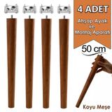 4 Adet Ahşap Ayak 50 cm Koyu Meşe M8 Civatalı Bağlantı Aparatlı Mobilya Tabure Sehpa Masa Destek Ayağı