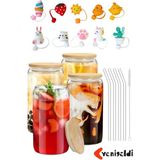 4 Adet Bambu Kapaklı Cam Bardak, Buzlu Kahve, Smoothie, Kokteyl, Pipet ve Temizleme Fırçası - Seçenek 1