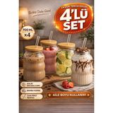 4 Adet Bambu Kapaklı Cam Pipet Hediyeli Cam Bardak Smoothie Kahve Detoks İçecek Bardağı 700 Ml