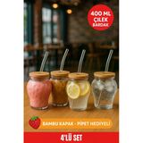 4 Adet Çilek Desenli 400 Ml Borosilikat Cam Bardak – Bambu Kapaklı, Cam Pipet Hediyeli