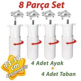 4 Adet Destek Ayagi 13-19 Cm Beyaz Ve 4 Adet Metal Duz Ayak Tabani M8 Civatali Ince Dis Mobilya Kanepe Baza Koltuk Seti