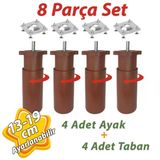 4 Adet Destek Ayagi 13-19 Cm Kahverengi Ve 4 Adet Metal Duz Ayak Tabani M8 Civatali Ince Dis Mobilya Kanepe Baza Koltuk Seti