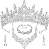 4 Adet Kostüm Takı Setleri Gelin Düğün Kristal Kraliçe Kron Rhinestone Kolye Dangle Küpe Bağlantı Bilezik Seti
