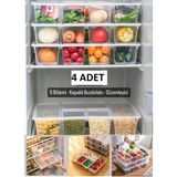 4 Adet Luna Kapaklı 5 Bölmeli Buzdolabı Düzenleyici Sebzelik - Et Balık Sebze Organizer