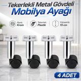 (4 Adet) Metal Gövdeli Plastik Tekerlekli 15 Cm Krom Mobilya Sehpa Baza Ayağı Seyyar Ayak