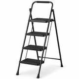 4 Basamak Siyah Katlanabilir Metal Merdiven, Geniş Kaymaz Basamaklı Ev Tipi Portatif Basamaklı Merdiven, Dayanıklı Metal Gövdeli İnce Tasarım Dar Alan Saklamalı Ev İçi Çok Amaçlı Merdiven