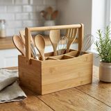 4 Bölmeli Bambu Kaşıklık Ve Organizer - Tezgah Üstü Çatal Bıçak Düzenleyici Taşıma Kulplu Servis Standı (23 X 16 X 12 Cm)