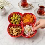 4 Bölmeli El Yapımı Seramik Çerezlik ve Kuruyemiş Tabağı El Yapımı Seramik Çerezlik, Lüks Sunumluk Atıştırmalık Otel Restoran Yat ve Karavan İçin Artisan Servis Tabağı, KIRMIZI