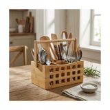 4 Bölmeli Saplı Doğal Bambu Çatal Bıçak Sepeti - Çok Amaçlı Masaüstü Organizer Mutfak Düzenleyici ve Kalemlik Standı (23X15 Cm) - Kestane Akaju - Option-1