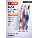 4 Colors Shine 3'Lü Set Tükenmez Kalem–4 Renkli Kalem (Mavi, Siyah, Kırmızı, Yeşil)–Metalik Gövde
