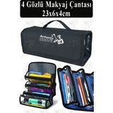 4 Gözlü Makyaj Çantası 1 Adet Dört Bölümlü Makyaj Sanatsal Şeffaf Bölmeli Kulplu Taşınabilir Kumaş Kalemlik - Siyah