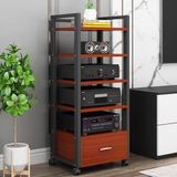 4 kademeli ayarlanabilir raf, tekerlekli ve ayaklı, pikap, oyun konsolu, DVD oynatıcı ve projektör için multimedya standı, metal ve ahşap tasarım