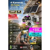 4 Kamera 20Mp 360 Açı 4G Sim Kartlı Güneş Enerjili Güvenlik Kamerası 128Gb Sd Kart Ve 100Gb İnternet