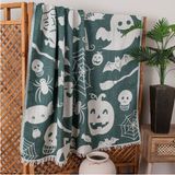 4 Kat Müslin Pike Tek Kişilik %100 Pamuklu Jakarlı Yatak Örtüsü Tv Battaniyesi 140X200 Halloween - Yeşil