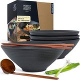 4 Kişilik 16 Parça Ramen Kase Seti 24 cm Siyah Seramik Kase, Ahşap Çubuk ve Kaşık Dahil